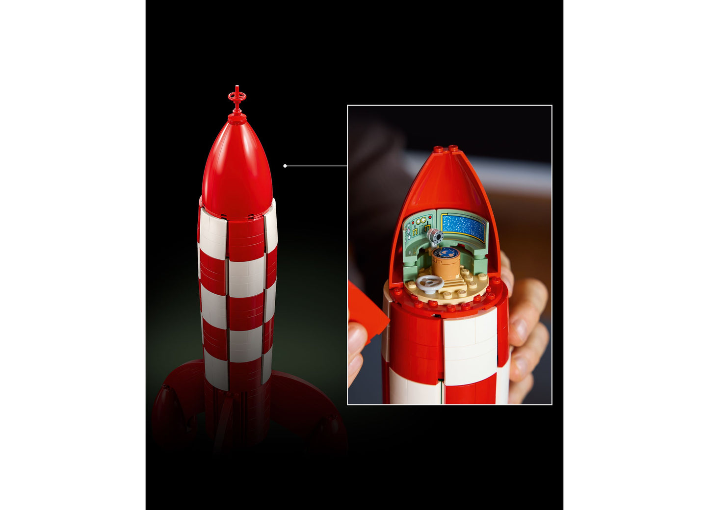 LEGO Ideas Tintin Moon Rocket 21367 red and white striped rocket with detailed interior cockpit view