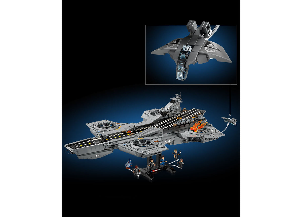 LEGO Marvel S.H.I.E.L.D. Helicarrier 76354 building set with gray aircraft carrier, fighter jet, minifigures, and 305...