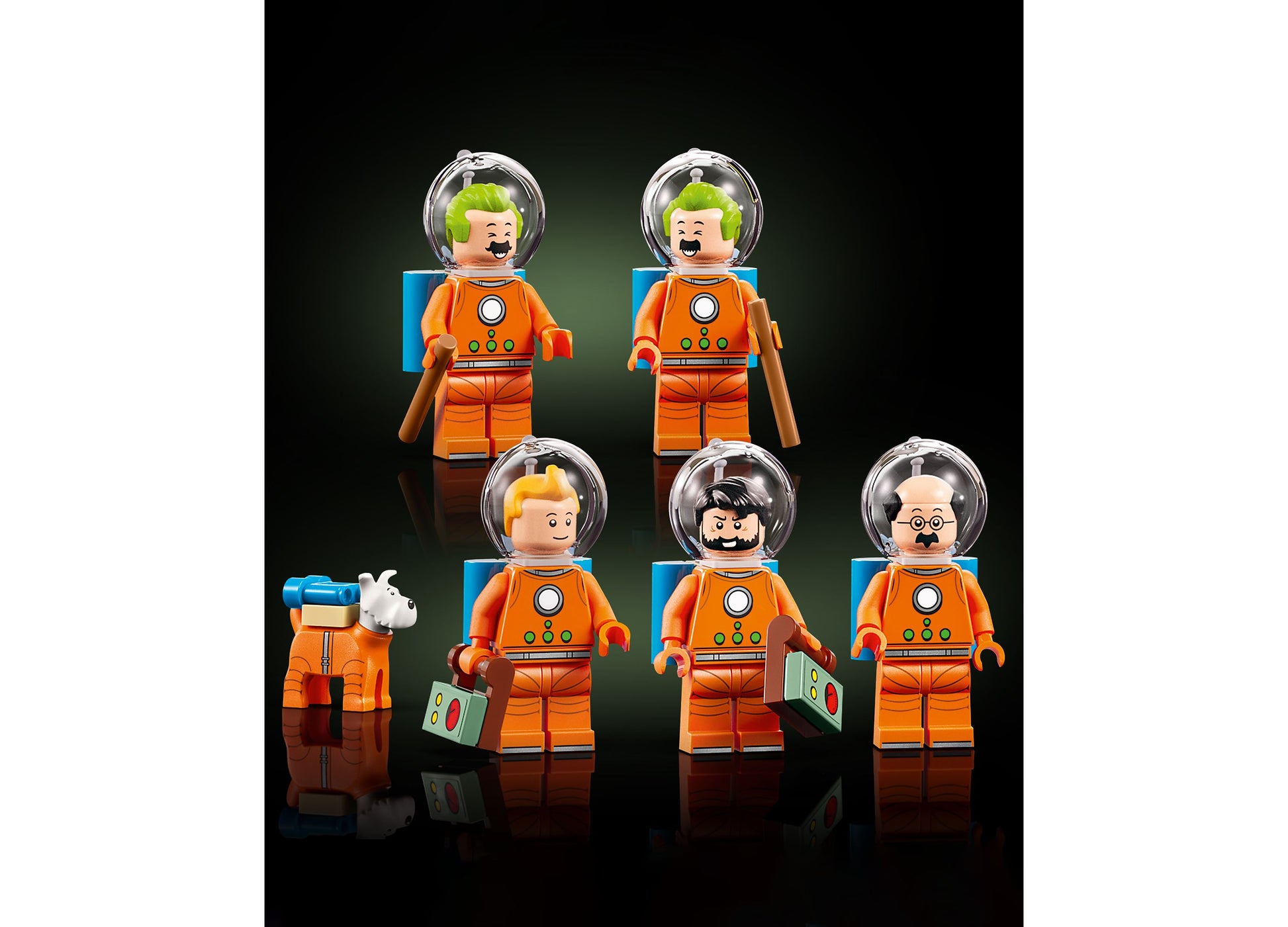 LEGO Ideas Tintin Moon Rocket 21367 set with 6 minifigures in orange spacesuits and accessories