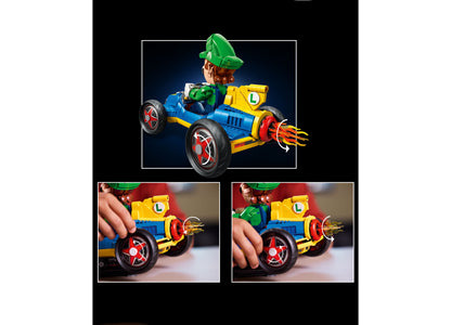 LEGO Mario Kart Luigi Mach 8 blue and yellow race car with green hat figure and flame exhaust