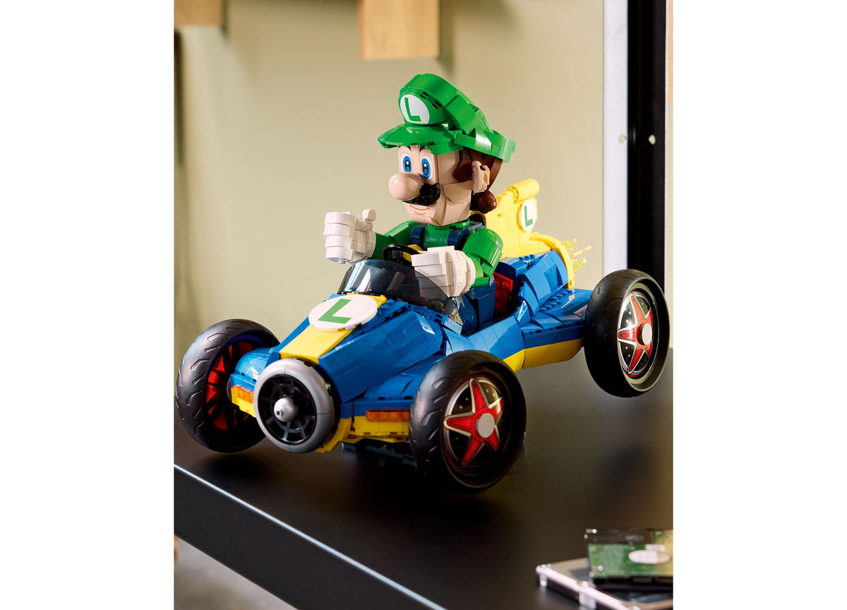 LEGO Mario Kart Luigi Mach 8 blue and yellow race car with green Luigi minifigure driver