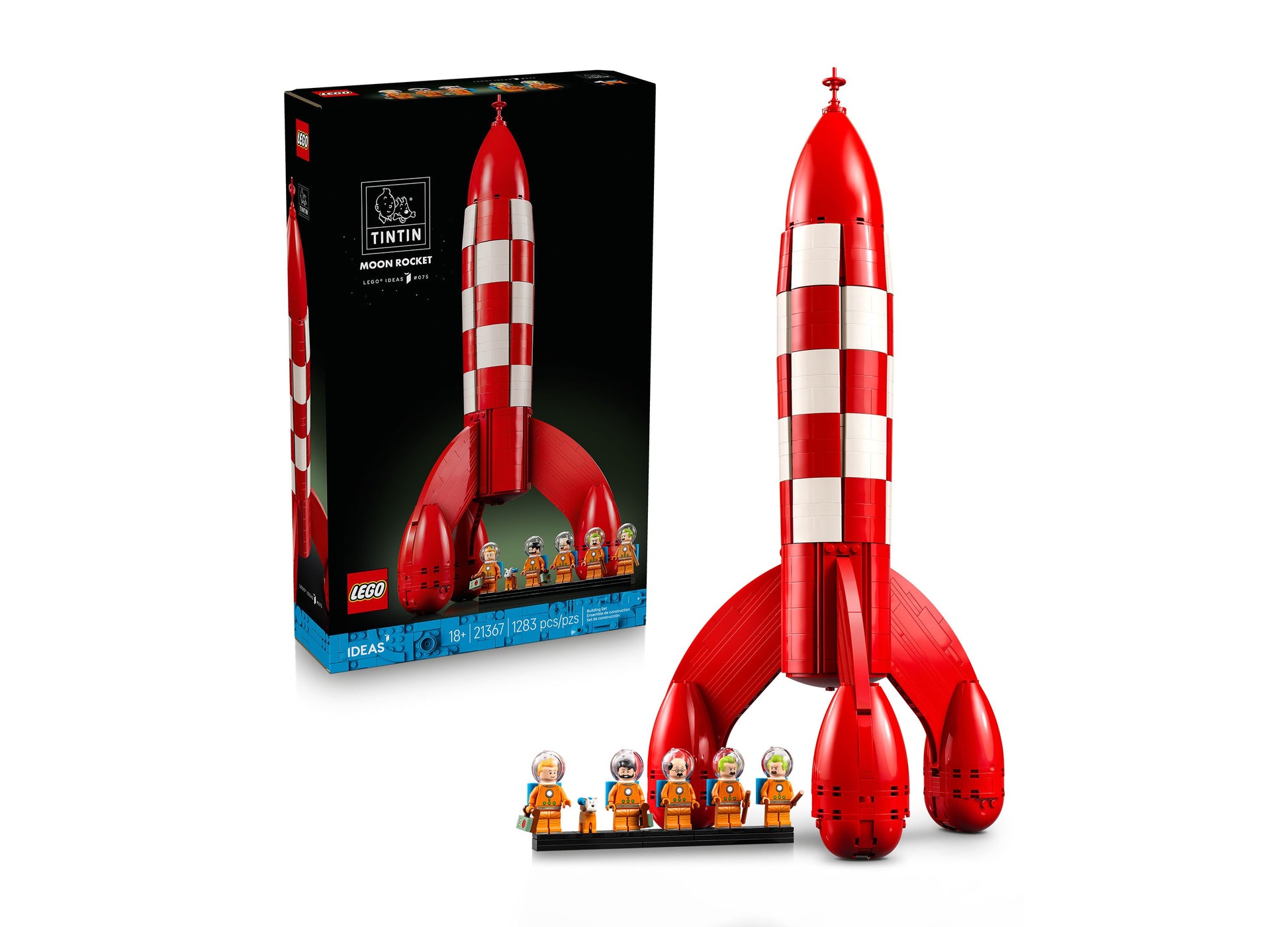 LEGO Ideas Tintin Moon Rocket 21367 red and white striped rocket with astronaut minifigures