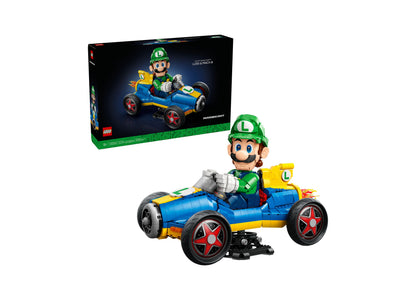 LEGO Mario Kart Luigi Mach 8 building set with blue and yellow kart, green Luigi minifigure, and red star wheels