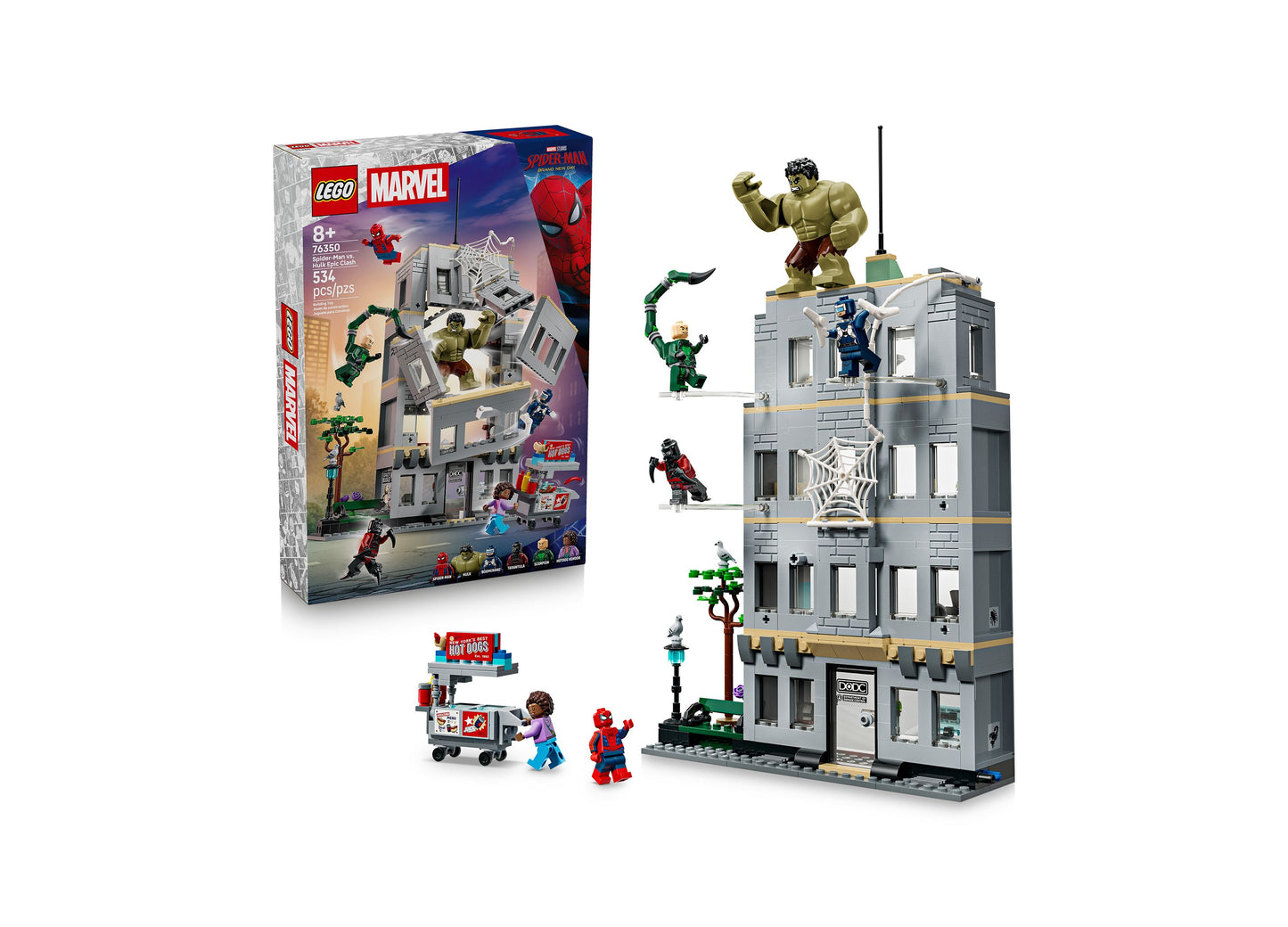 LEGO Marvel Spider-Man vs. Hulk Epic Clash 76350 building set with gray city building, minifigures, and accessories
