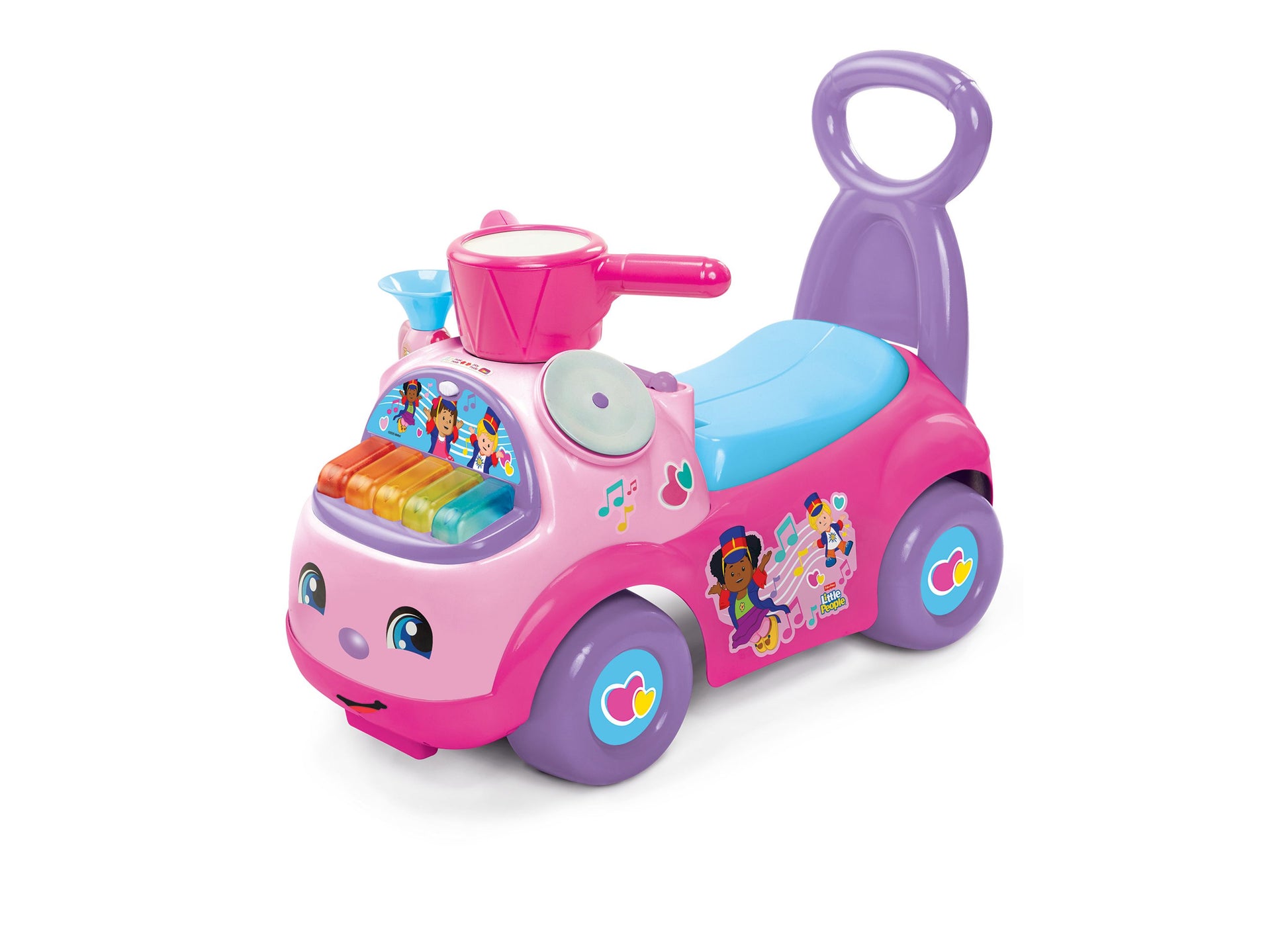 Fisher Price Little People Music Parade pink ride-on toy with purple handles and interactive piano keyboard