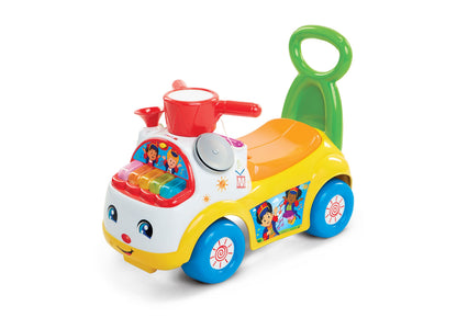 Fisher Price Little People Ride On Toy with colorful design, red cooking accessories, and green handle