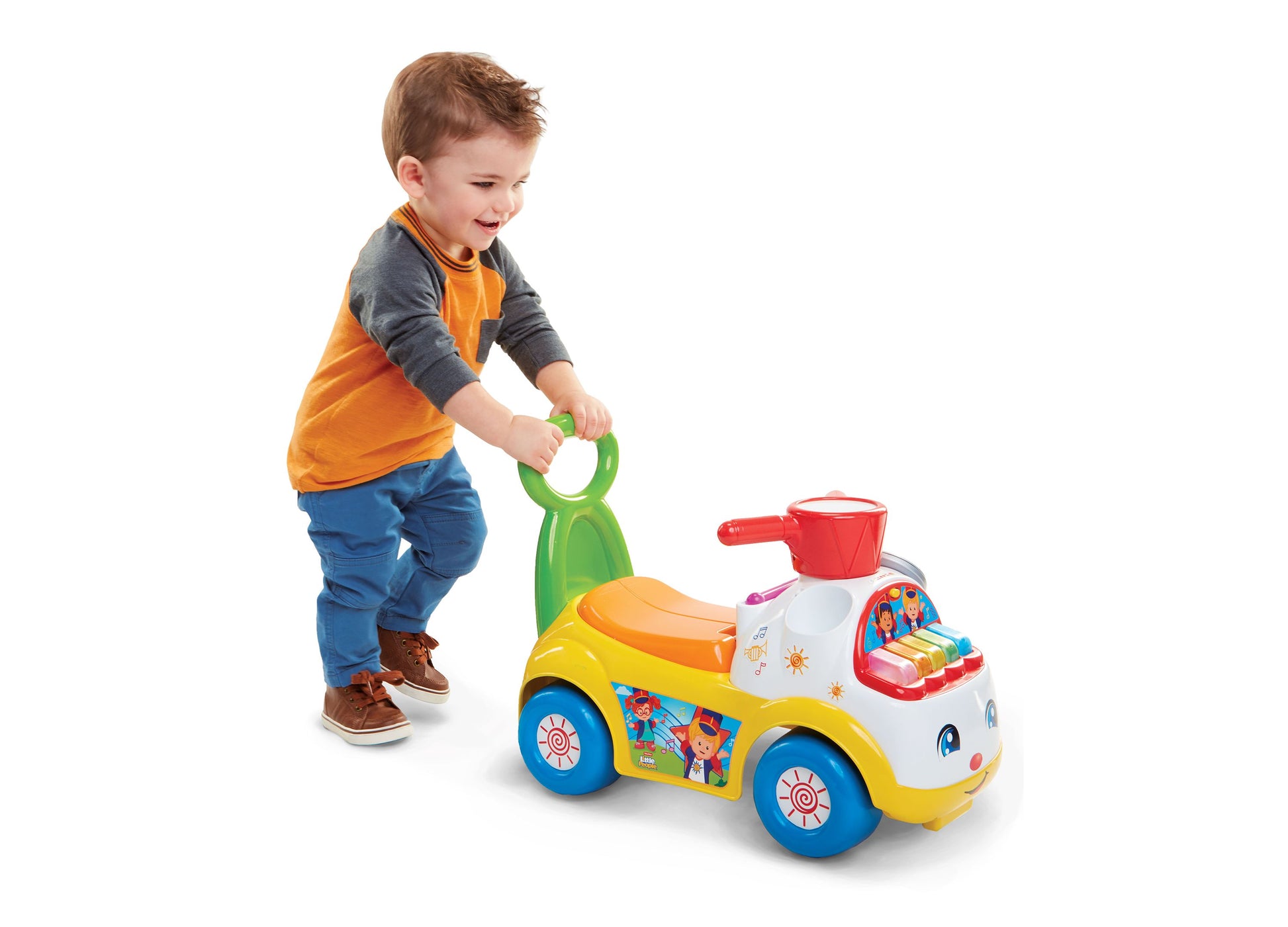 Fisher Price Little People Ride On Toy with yellow body, blue wheels, and green handle