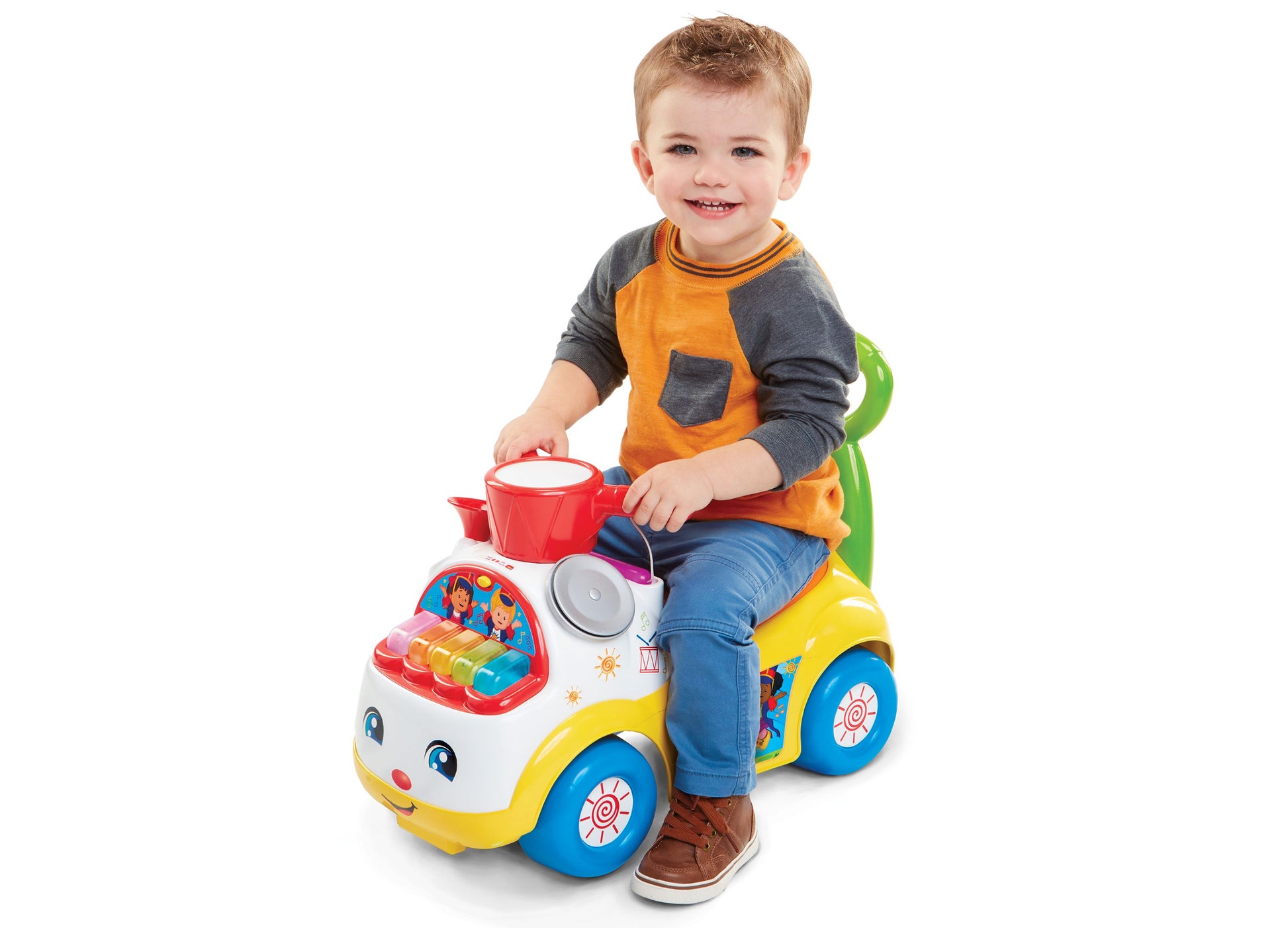 Fisher Price Little People Ride On Toy in yellow, blue and white with child playing