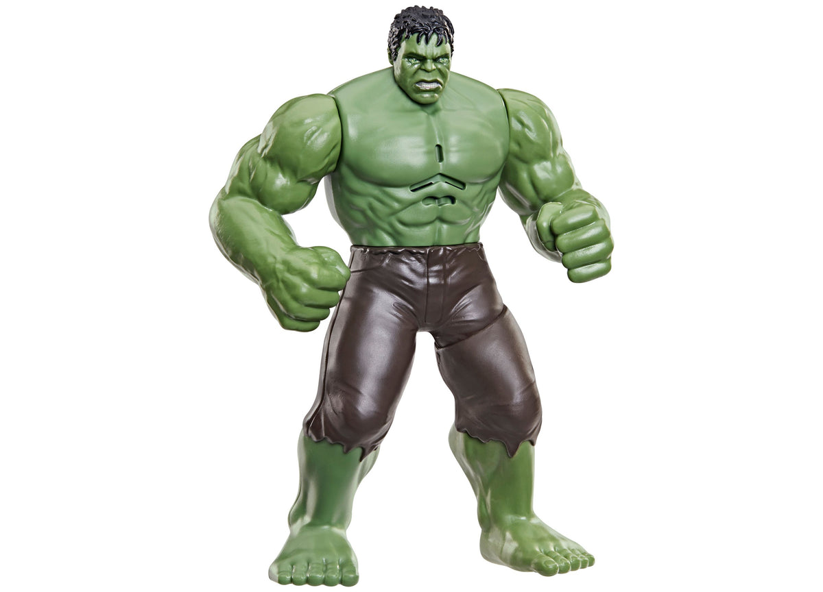 Hulk action figure with green muscular body, black hair, angry expression, and brown pants, posed on plain background
