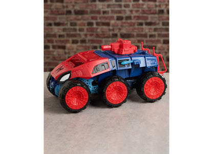 Spider-Man 2-In-1 Super Chompin Tank toy with red and blue colors and large red wheels