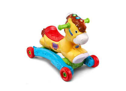 VTech Gallop & Rock Learning Pony yellow ride-on toy with blue base and red wheels