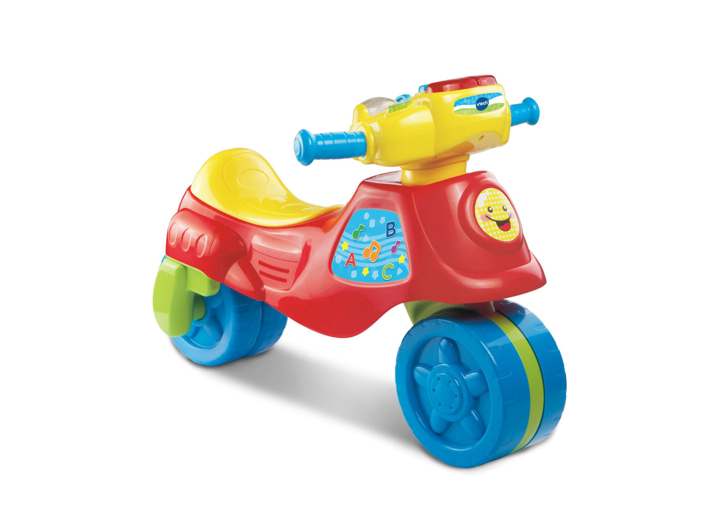 VTech 2-in-1 Learn & Zoom Motorbike red ride-on toy with yellow seat and blue wheels