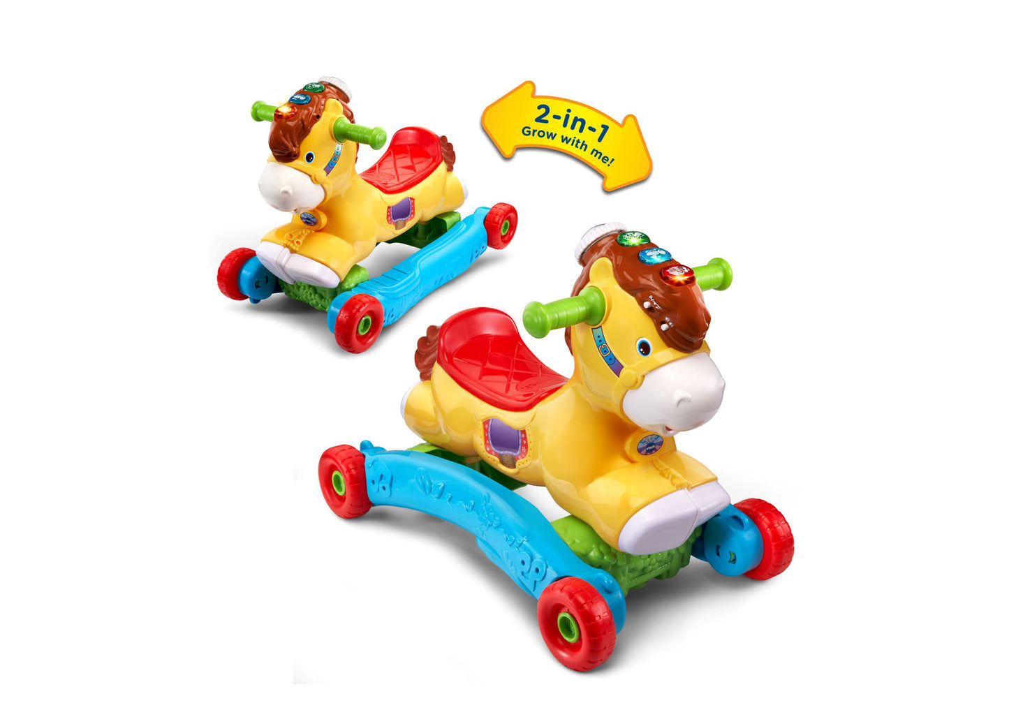 VTech Gallop & Rock Learning Pony 2-in-1 toy in yellow with blue base and red wheels