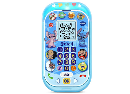 VTech Stitch Learning Phone blue toy with screen, number pad, and Disney characters