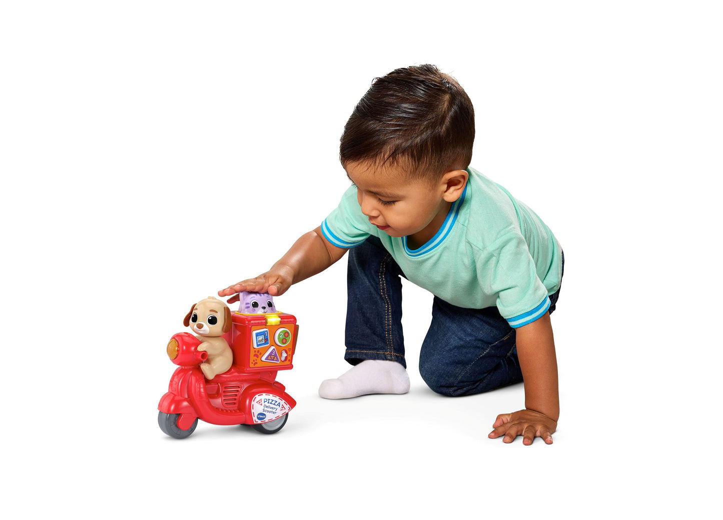 VTech Press & Roll Pizza Scooter red toy with puppy, toddler playing with learning toy