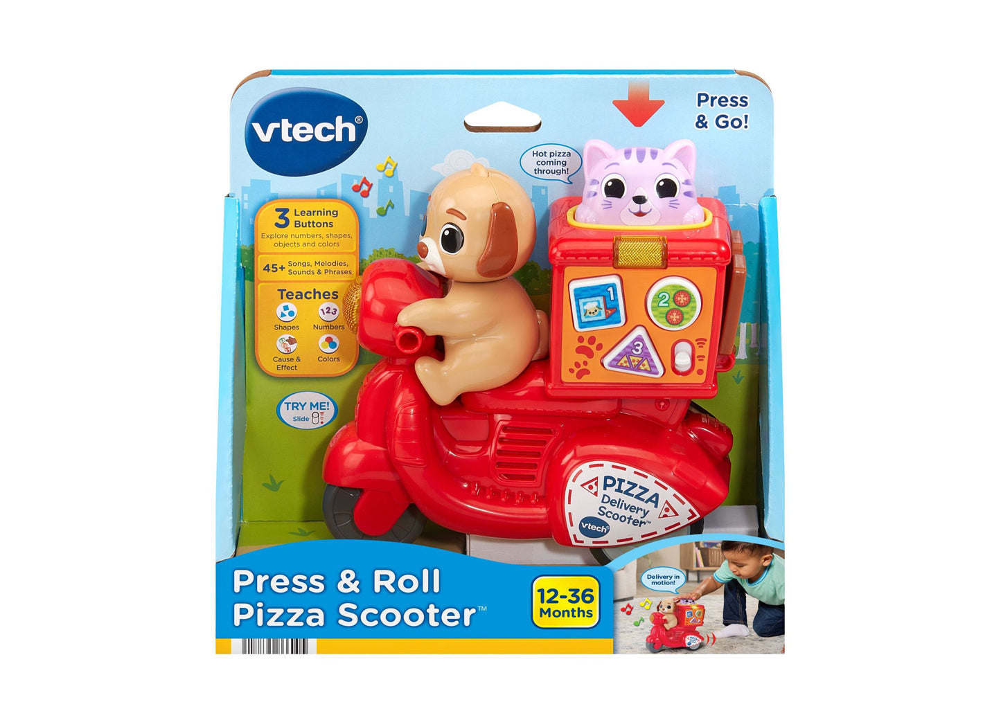 VTech Press & Roll Pizza Scooter red toy with puppy character, learning buttons for ages 12+ months