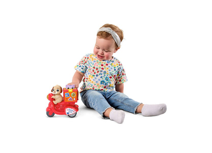 VTech Press & Roll Pizza Scooter red toy with puppy, toddler playing with colorful learning toy