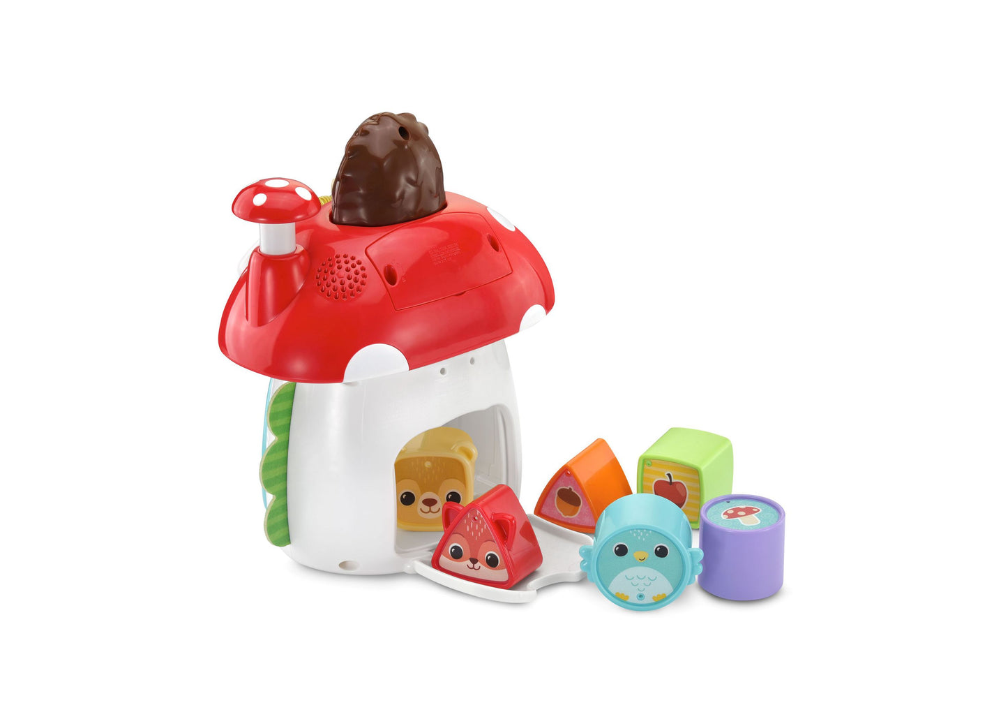 VTech Baby Put & Take Peek-a-Boo House with red mushroom roof, colorful animal figures and accessories