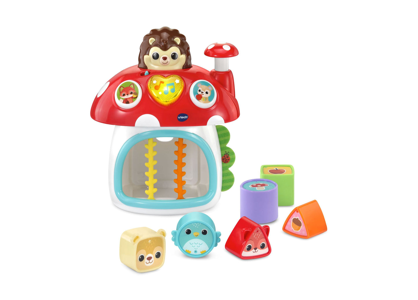 VTech Baby Put & Take Peek-a-Boo House red mushroom toy with animal figures and colorful shape sorters