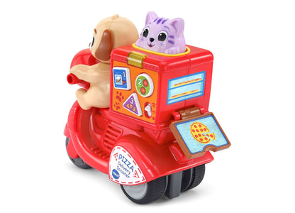 VTech Press & Roll Pizza Delivery Scooter red toy with purple cat, interactive buttons and pizza screen