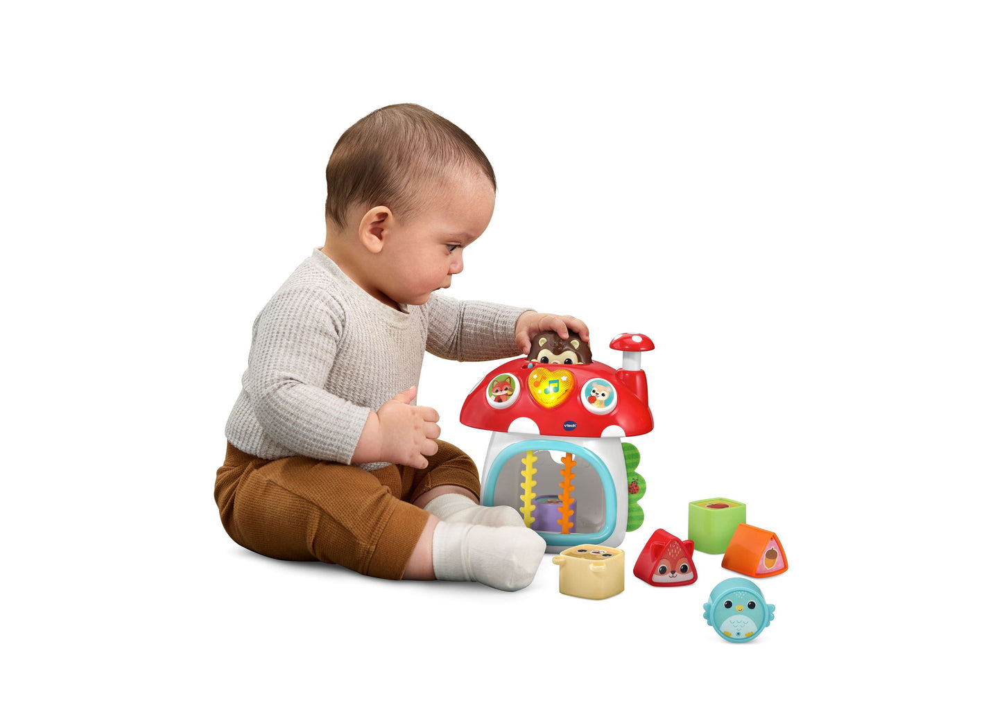 VTech Baby Put & Take Peek-a-Boo House red toy with colorful shapes and interactive features