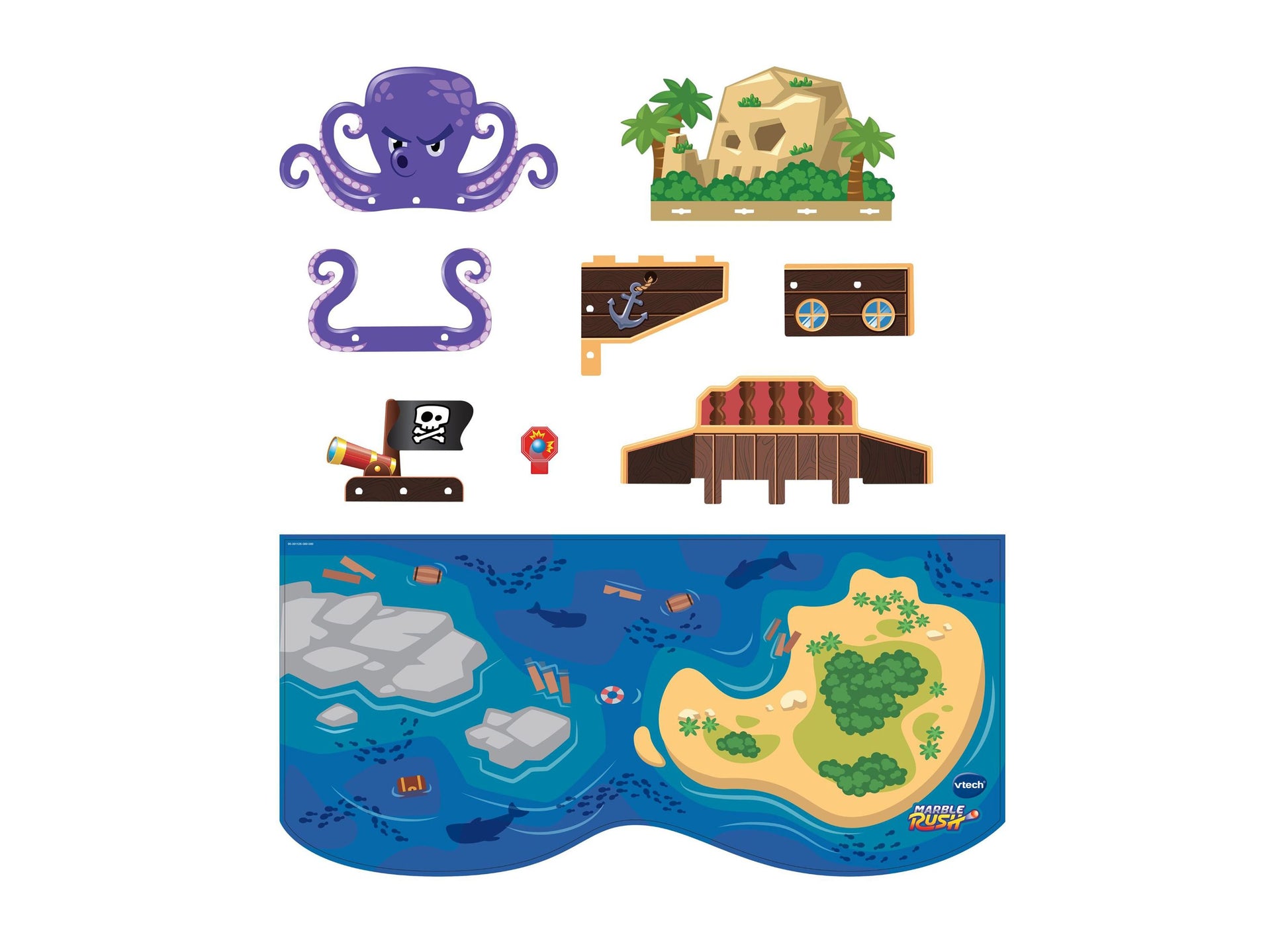 VTech Marble Rush Pirates Cove set with purple octopus, island, pirate ship, and blue ocean play mat