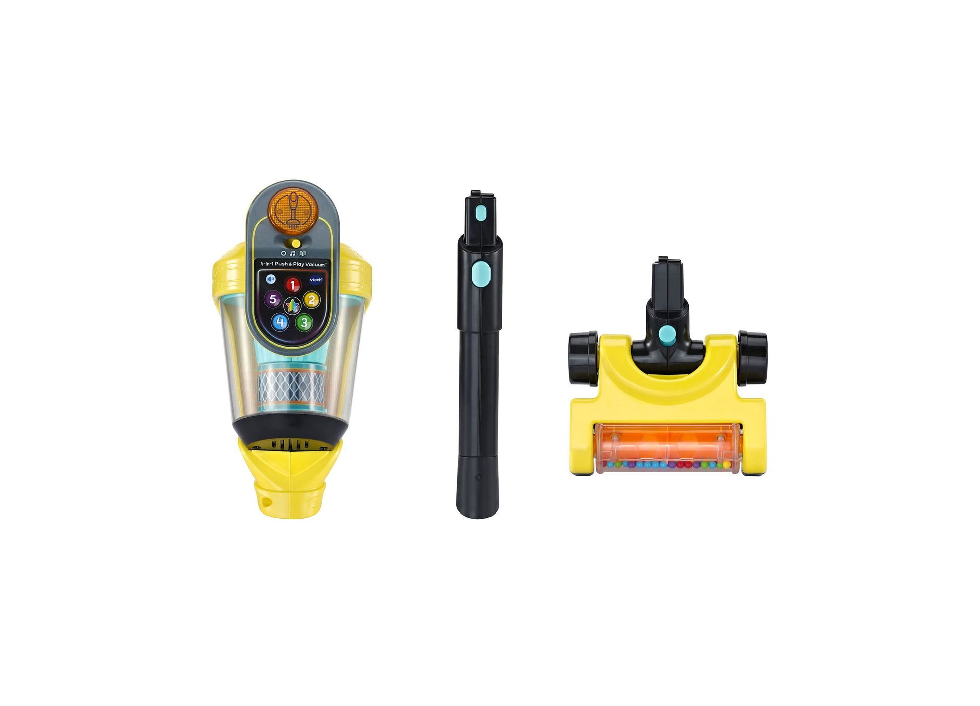 VTech 4-in-1 Push & Play Vacuum toy set in yellow and black with interactive learning features