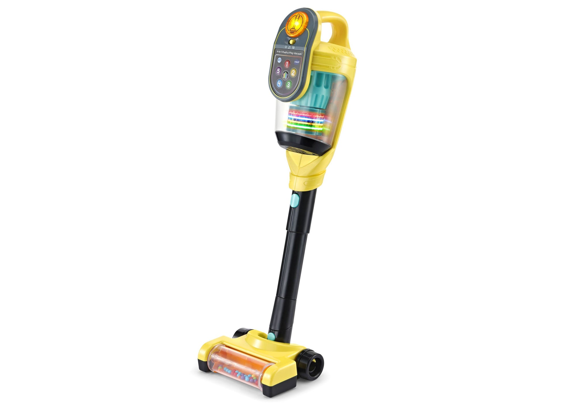 VTech 4-in-1 Push & Play Vacuum yellow toy with interactive control panel and colorful rolling base