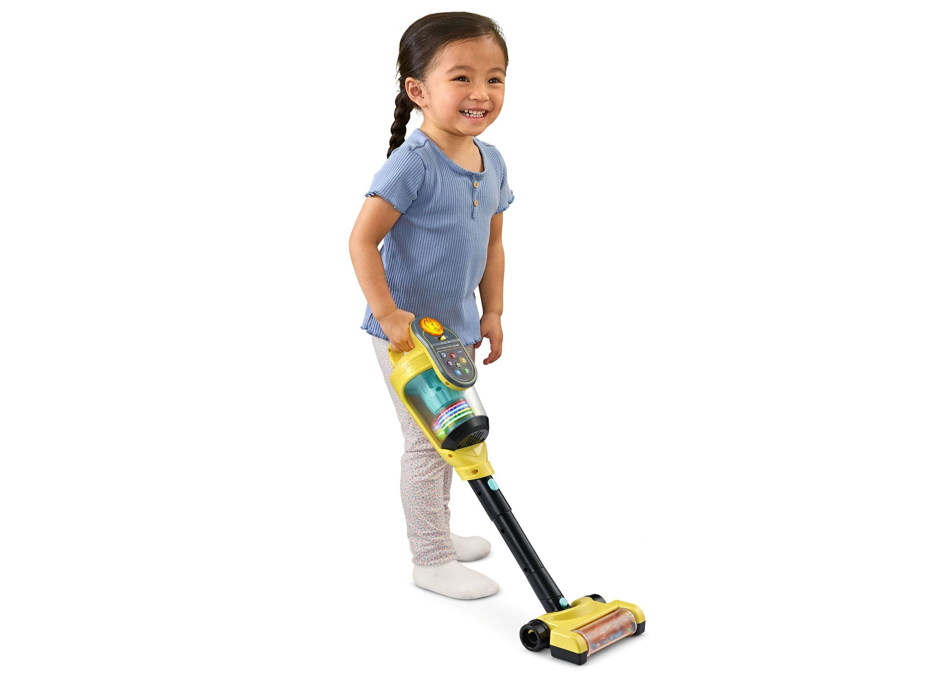 VTech 4-in-1 Push & Play Vacuum toy in yellow and black, interactive learning toy for toddlers