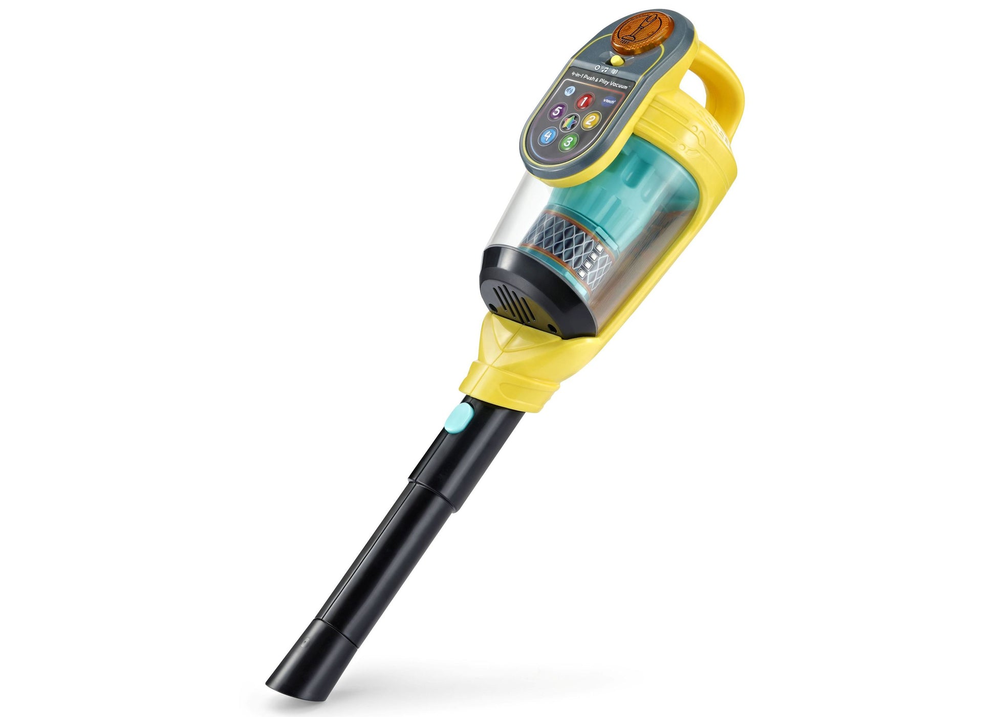VTech 4-in-1 Push & Play Vacuum toy in yellow and black with interactive control panel