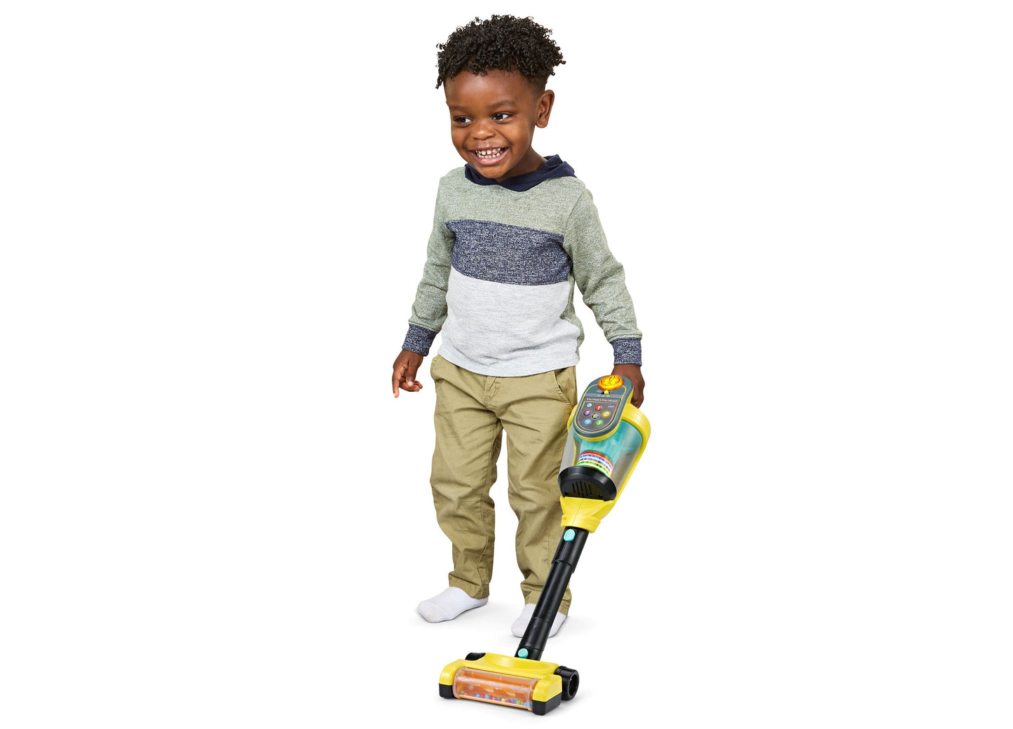 VTech 4-in-1 Push & Play Vacuum toy in yellow with child playing, interactive learning toy