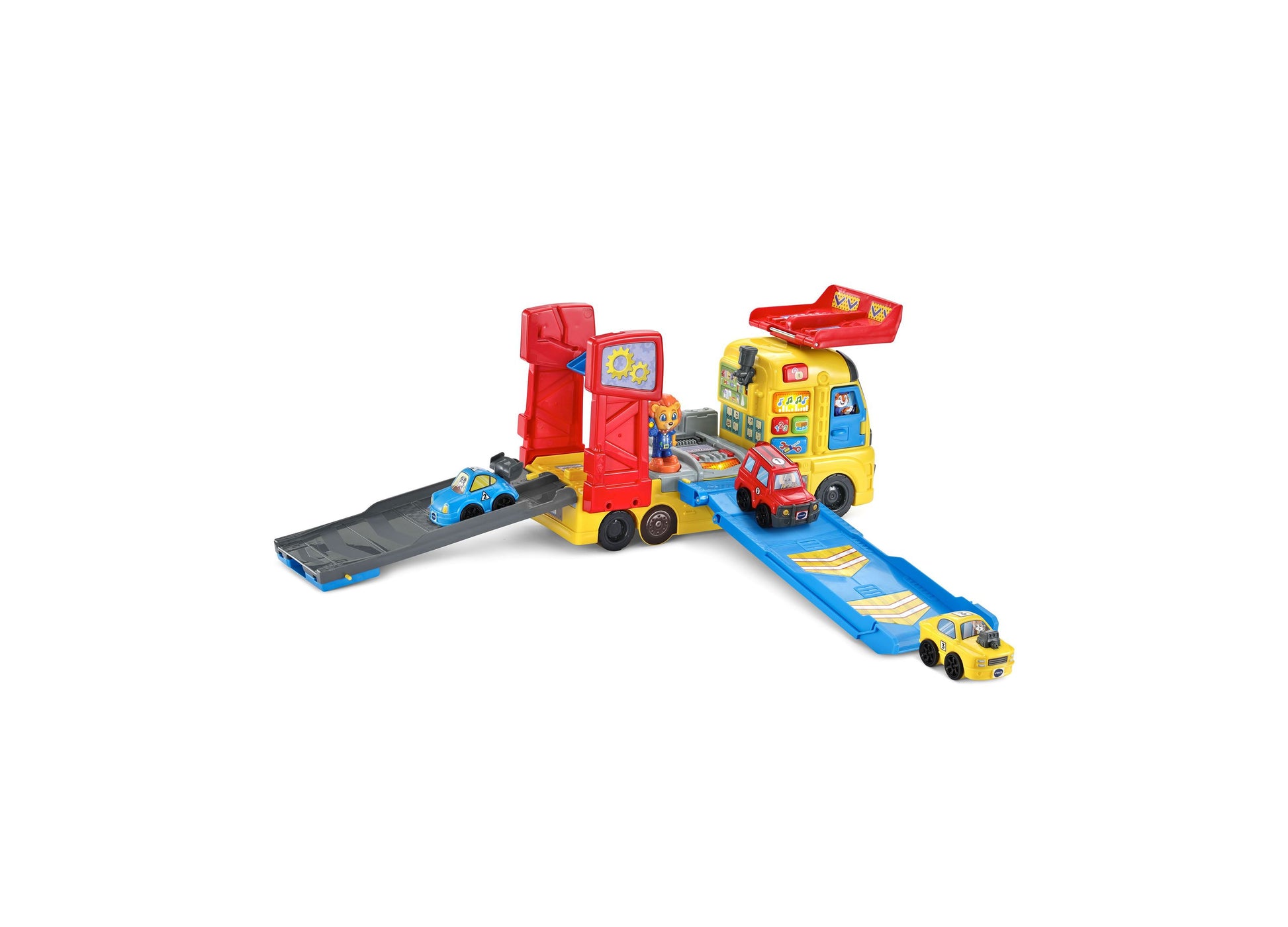 VTech 3-in-1 Race & Repair Hauler playset with yellow truck, ramps, and small cars