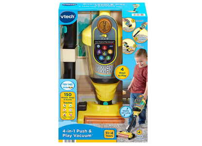 VTech 4-in-1 Push & Play Vacuum yellow toy with interactive control panel for toddlers