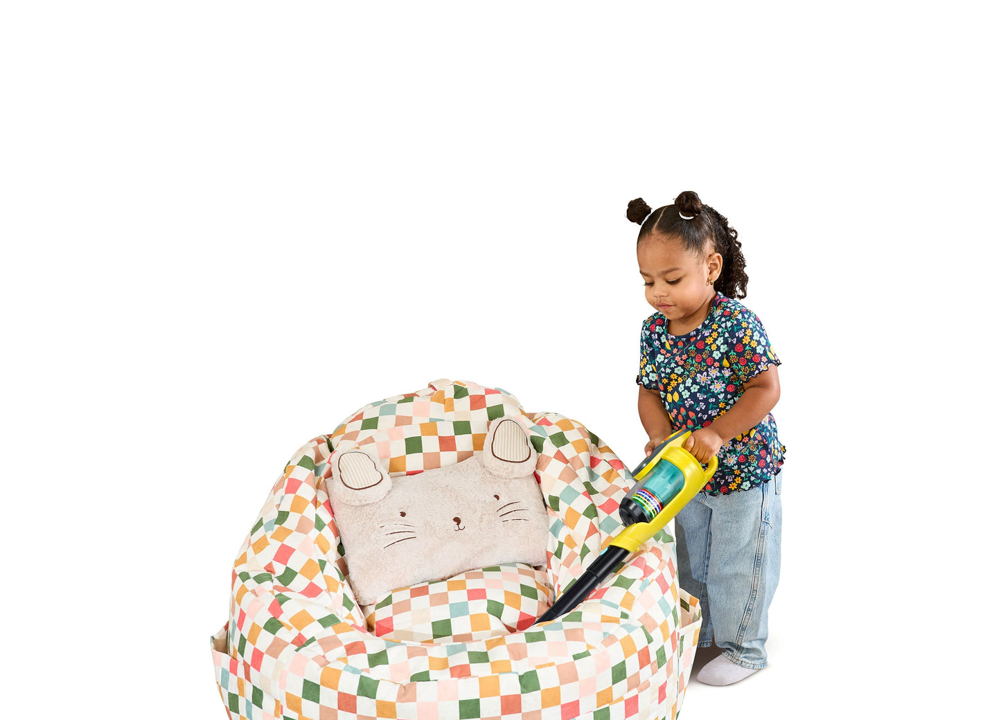 VTech 4-in-1 Push & Play Vacuum toy with colorful checkered pattern, toddler playing with yellow vacuum