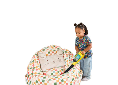 VTech 4-in-1 Push & Play Vacuum toy with colorful checkered pattern, toddler playing with yellow vacuum