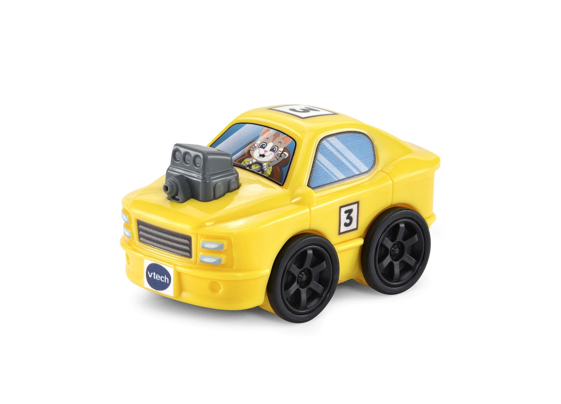 VTech 3-in-1 Race & Repair Hauler yellow toy car with black wheels and interactive driver character
