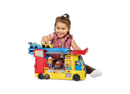 VTech 3-in-1 Race & Repair Hauler yellow and red interactive toy vehicle with toddler playing
