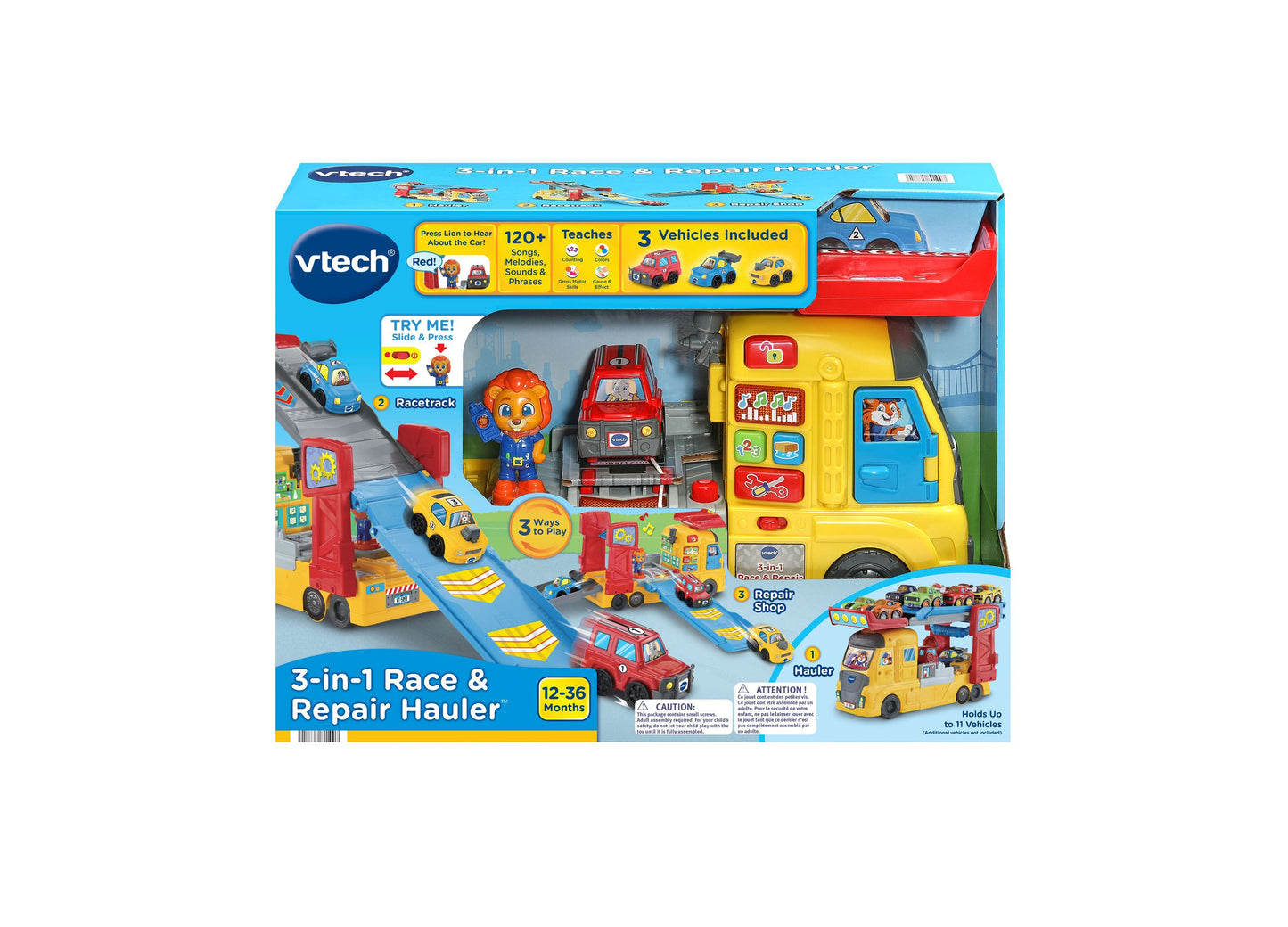 VTech 3-in-1 Race & Repair Hauler yellow toy truck playset with vehicles and interactive features