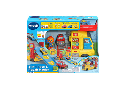 VTech 3-in-1 Race & Repair Hauler yellow toy truck playset with vehicles and interactive features