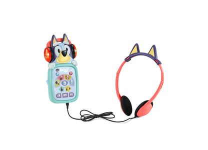 Bluey VTech Musical Moments Player with red headphones, turquoise device, ages 3+