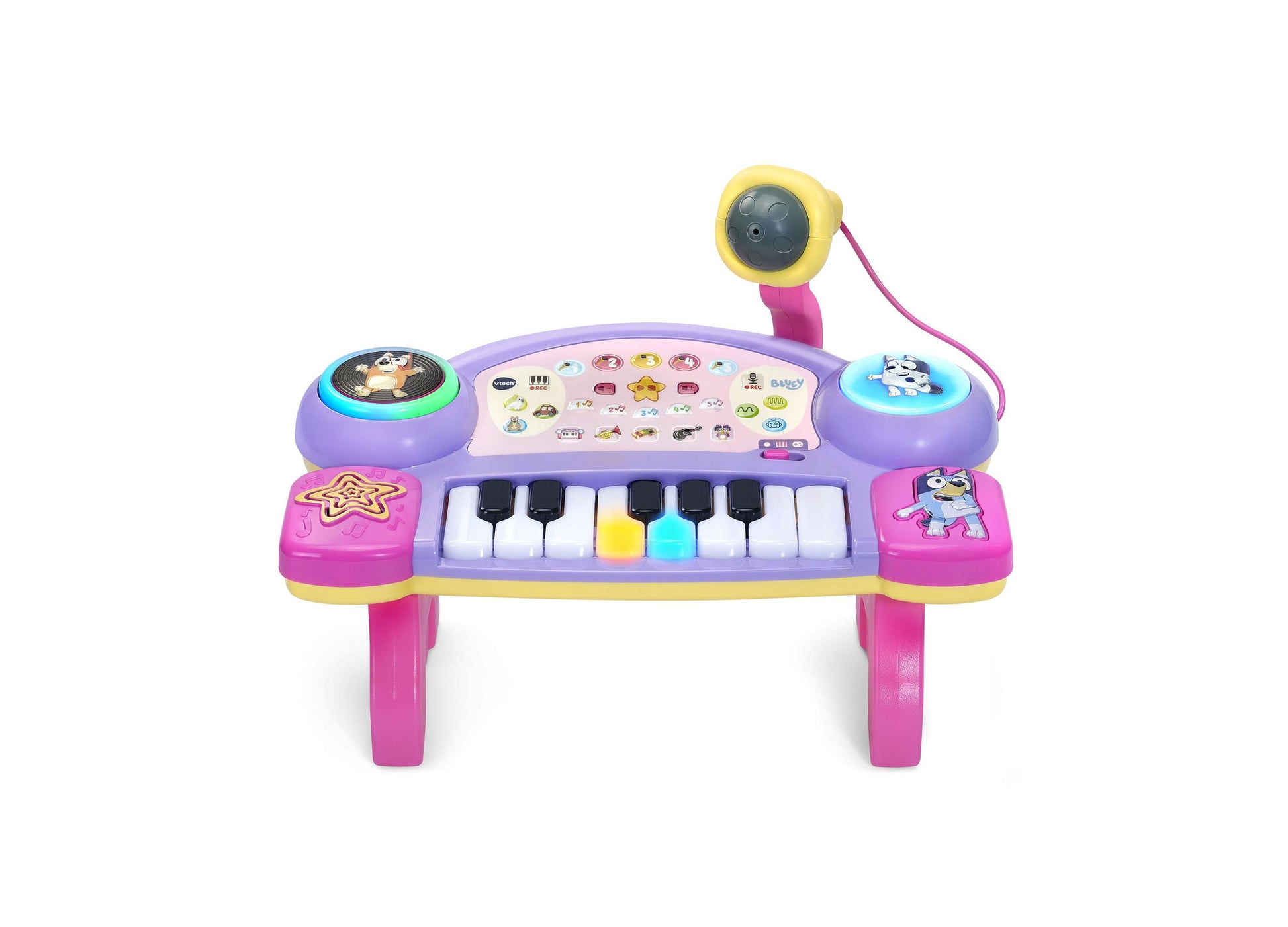 Bluey Sing-Along Keyboard with purple stand, piano keys, and interactive features for ages 3+