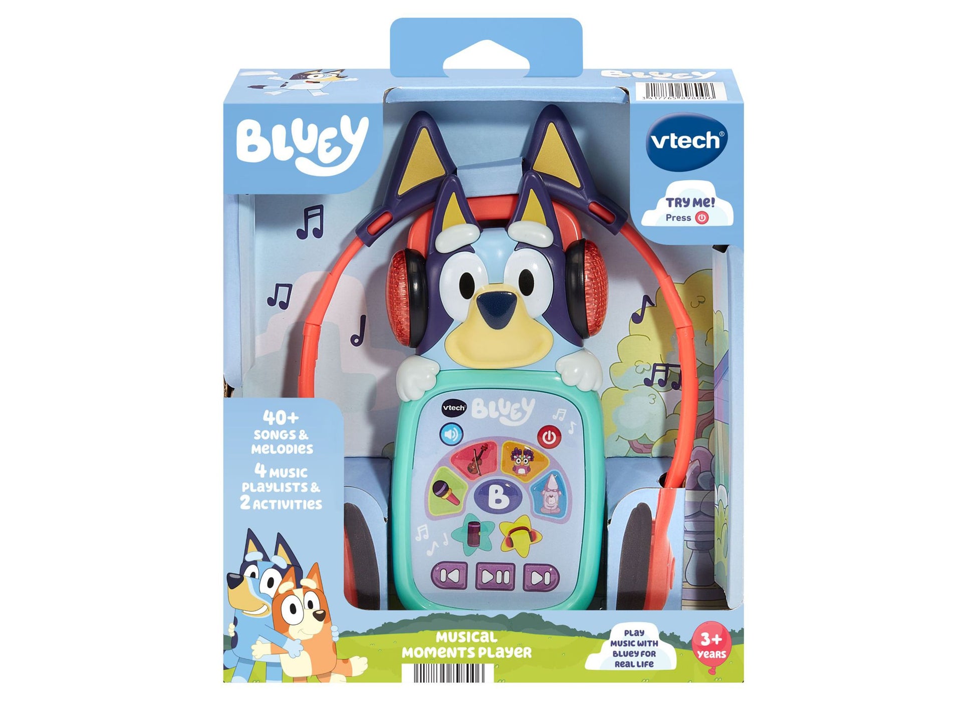 Bluey VTech Musical Moments Player with headphones, featuring 40+ songs and melodies for ages 3+