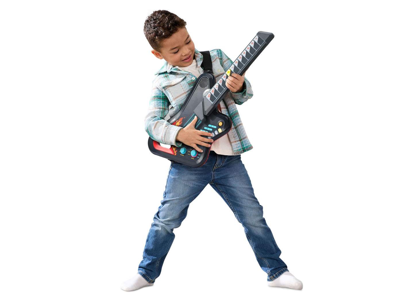 VTech Kidi Star Rock Star Guitar in black with colorful buttons, held by child