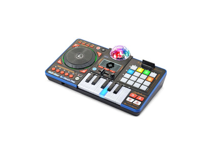 VTech Kidi Star DJ Mixer Pro with turntable, keyboard, light-up disco ball, and colorful pads