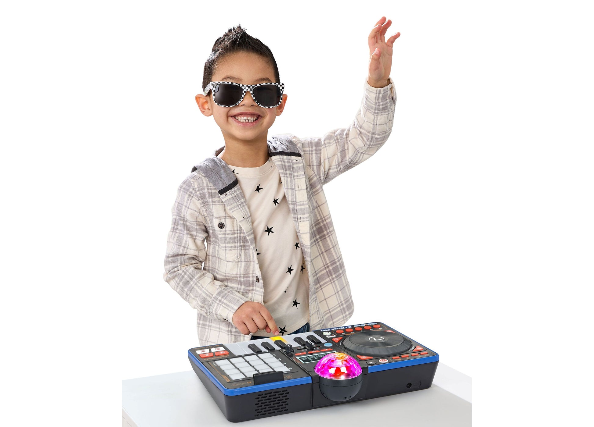 VTech Kidi Star DJ Mixer Pro with light-up globe, boy wearing sunglasses DJing