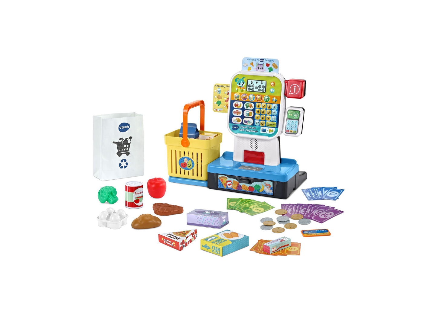 VTech Count On Me Self-Checkout Pretend Play Set with scanner, register, shopping basket, and food accessories for ag...