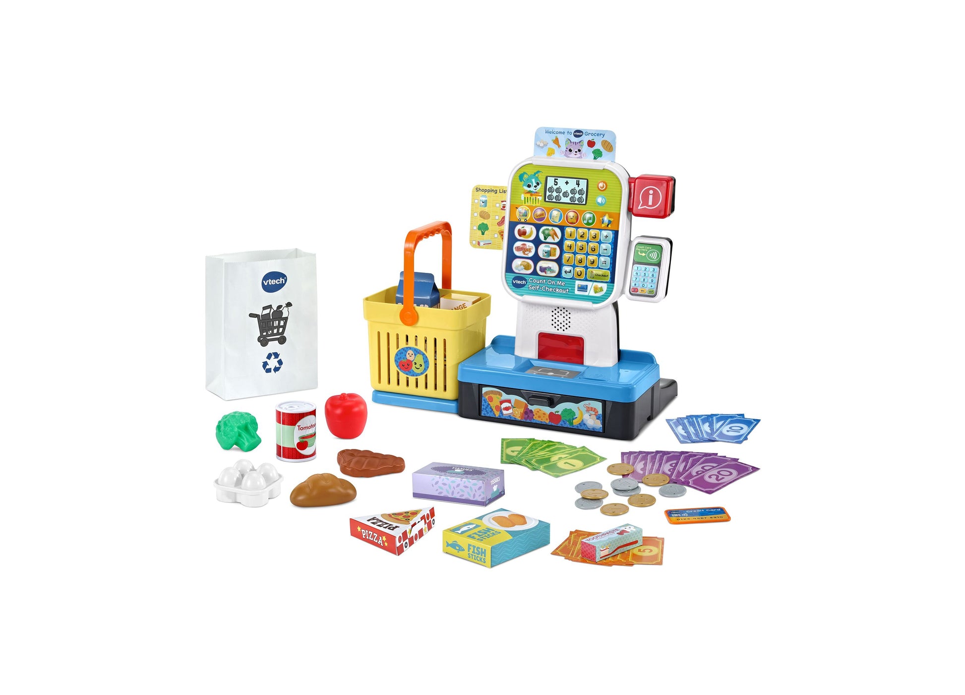 VTech Count On Me Self-Checkout Pretend Play Set with scanner, register, shopping basket, and food accessories for ag...