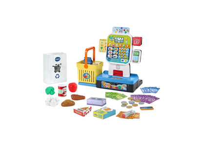 VTech Count On Me Self-Checkout Pretend Play Set with scanner, register, shopping basket, and food accessories for ag...