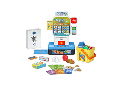VTech Count On Me Self-Checkout pretend play set with blue register, shopping basket, play food, and coins