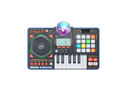 VTech Kidi Star DJ Mixer Pro with turntable, colorful light-up pad, keyboard, and disco ball